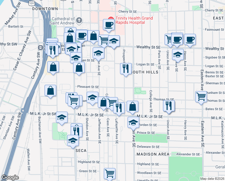 map of restaurants, bars, coffee shops, grocery stores, and more near 619 Lafayette Avenue Southeast in Grand Rapids