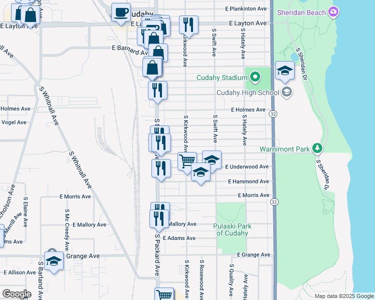 map of restaurants, bars, coffee shops, grocery stores, and more near 3660 East Pulaski Avenue in Cudahy