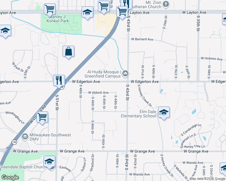 map of restaurants, bars, coffee shops, grocery stores, and more near 5163 South 44th Street in Greenfield