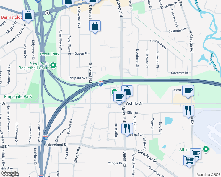 map of restaurants, bars, coffee shops, grocery stores, and more near 106 Churchcroft Lane in Buffalo