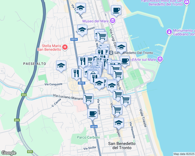 map of restaurants, bars, coffee shops, grocery stores, and more near 85 Via XX Settembre in San Benedetto del Tronto