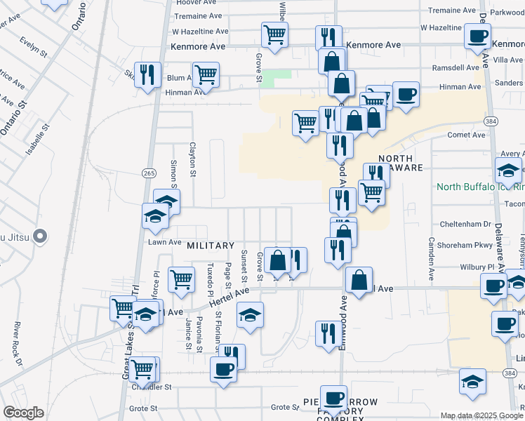 map of restaurants, bars, coffee shops, grocery stores, and more near 123 Grove Street in Buffalo