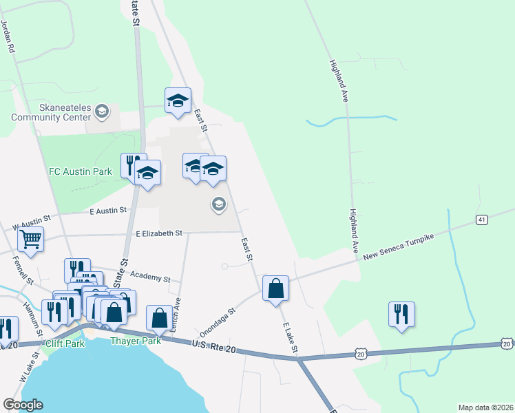 map of restaurants, bars, coffee shops, grocery stores, and more near 28 East Street in Skaneateles