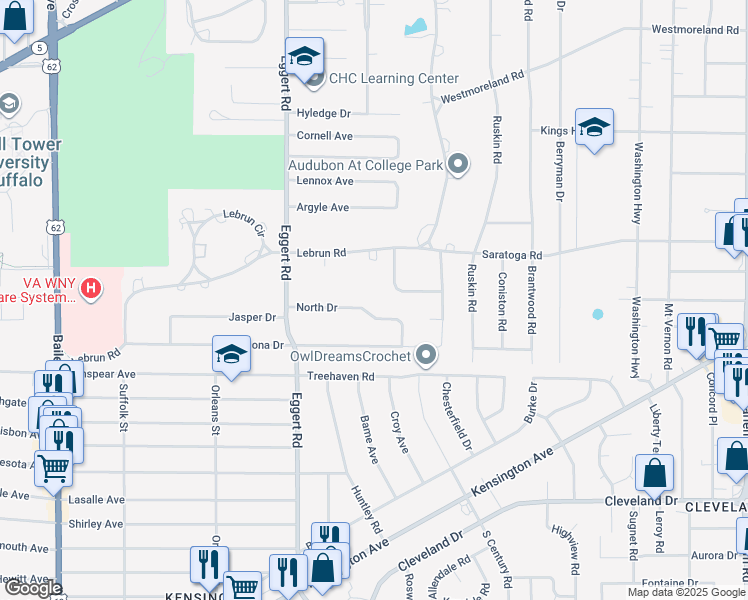 map of restaurants, bars, coffee shops, grocery stores, and more near 116 North Drive in Buffalo