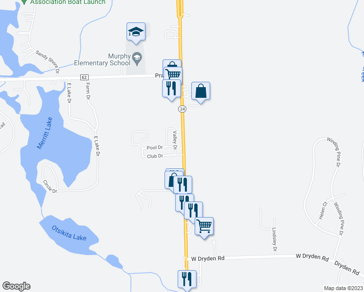 map of restaurants, bars, coffee shops, grocery stores, and more near 3660 Club Drive in Metamora