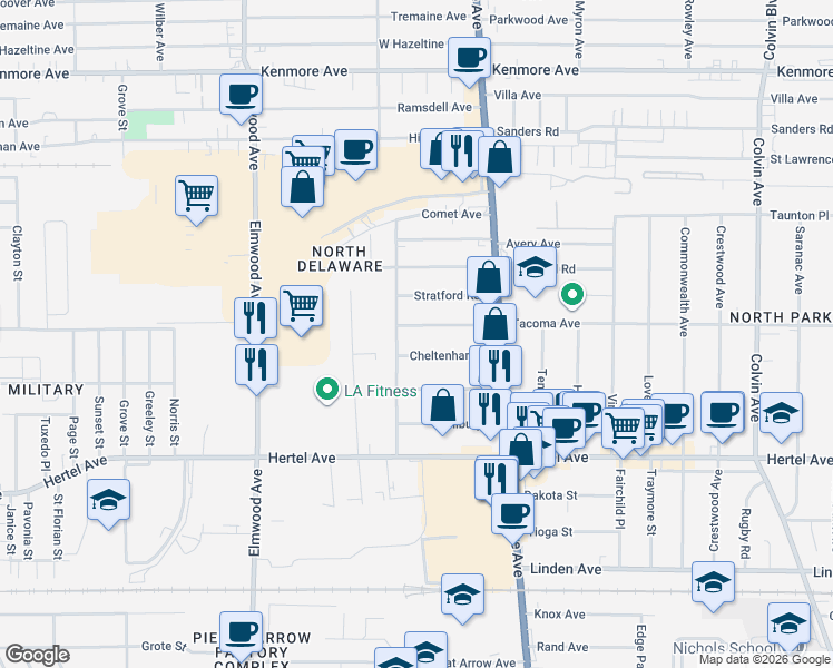 map of restaurants, bars, coffee shops, grocery stores, and more near 17 Tacoma Avenue in Buffalo