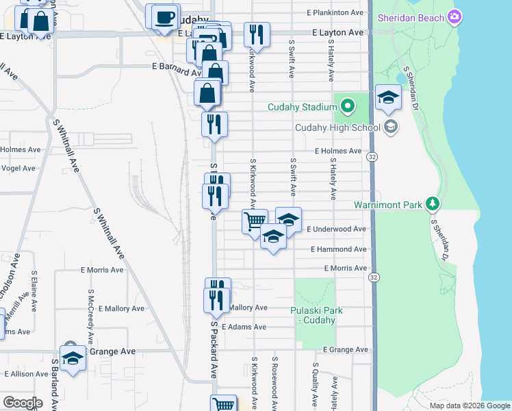 map of restaurants, bars, coffee shops, grocery stores, and more near 3660 East Pulaski Avenue in Cudahy