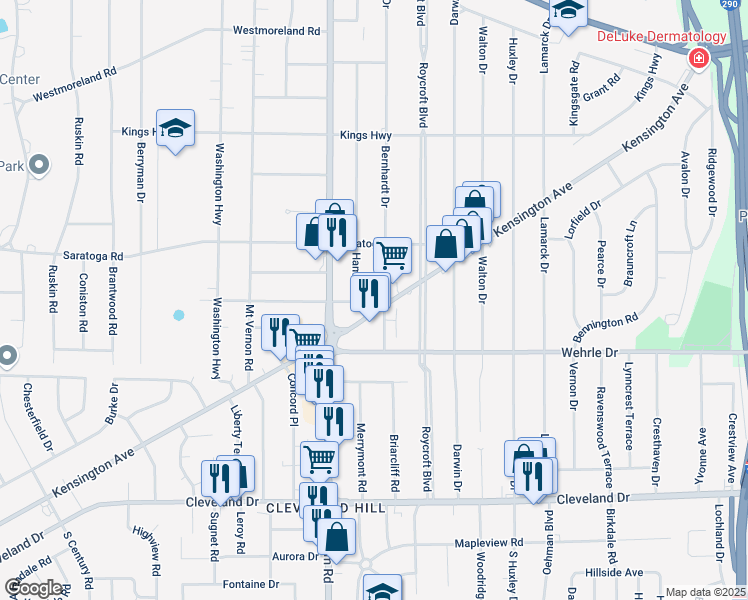 map of restaurants, bars, coffee shops, grocery stores, and more near 2082 Kensington Avenue in Buffalo