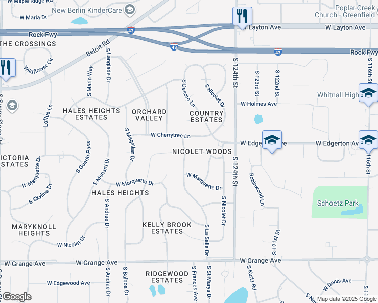 map of restaurants, bars, coffee shops, grocery stores, and more near 12655 Barbary Court in New Berlin