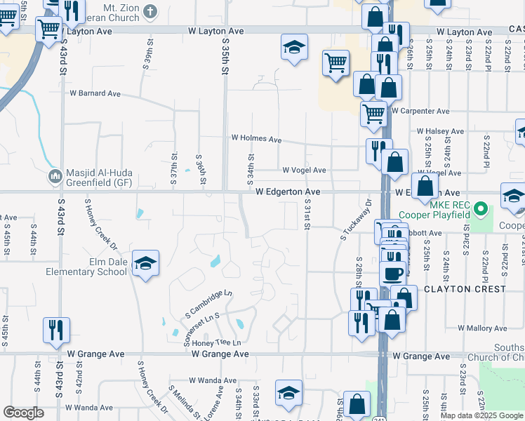 map of restaurants, bars, coffee shops, grocery stores, and more near 5200 South Tuckaway Boulevard in Greenfield