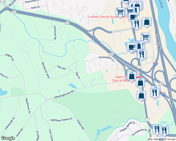map of restaurants, bars, coffee shops, grocery stores, and more near 67 Kensington Lane in Bedford