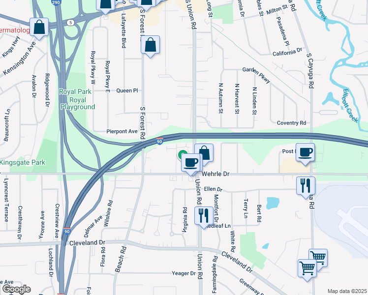 map of restaurants, bars, coffee shops, grocery stores, and more near 63 Churchcroft Lane in Buffalo