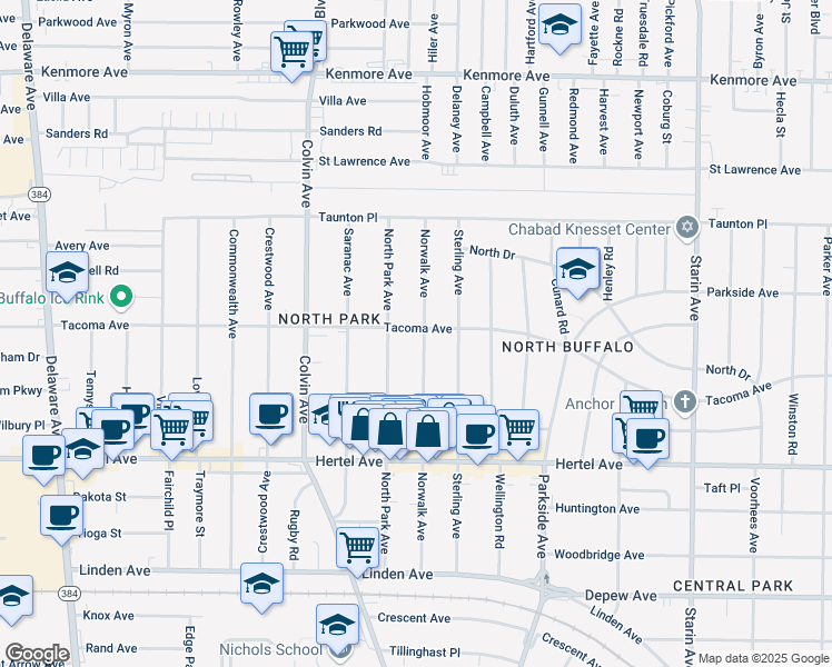 map of restaurants, bars, coffee shops, grocery stores, and more near 232 Norwalk Avenue in Buffalo