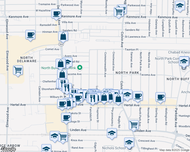 map of restaurants, bars, coffee shops, grocery stores, and more near 113 Virgil Avenue in Buffalo