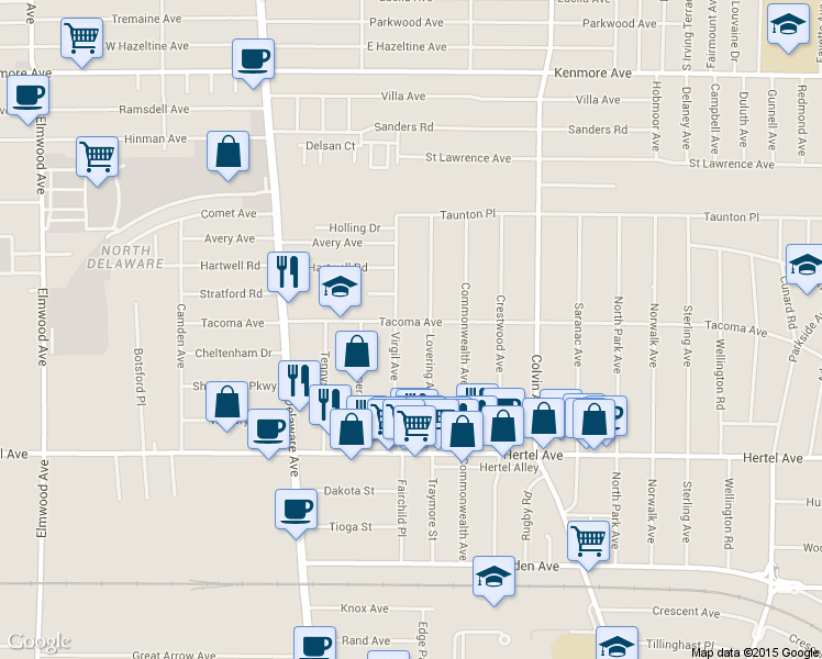 map of restaurants, bars, coffee shops, grocery stores, and more near 113 Virgil Avenue in Buffalo