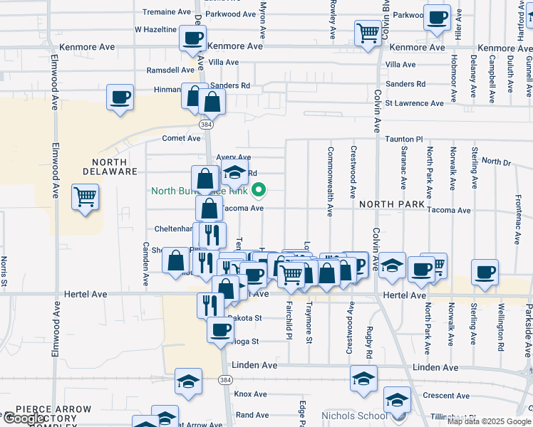 map of restaurants, bars, coffee shops, grocery stores, and more near 113 Homer Avenue in Buffalo