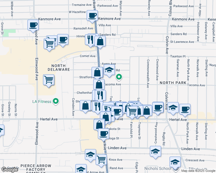 map of restaurants, bars, coffee shops, grocery stores, and more near 111 Tennyson Avenue in Buffalo