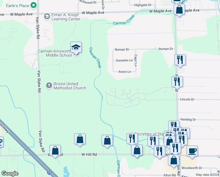 map of restaurants, bars, coffee shops, grocery stores, and more near 1474 Leisure Drive in Flint