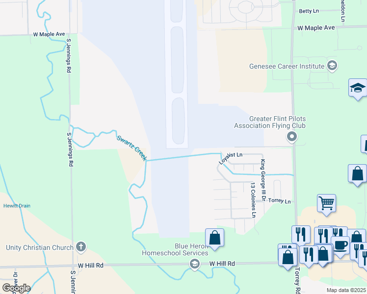 map of restaurants, bars, coffee shops, grocery stores, and more near 249 Loyalist Lane in Flint