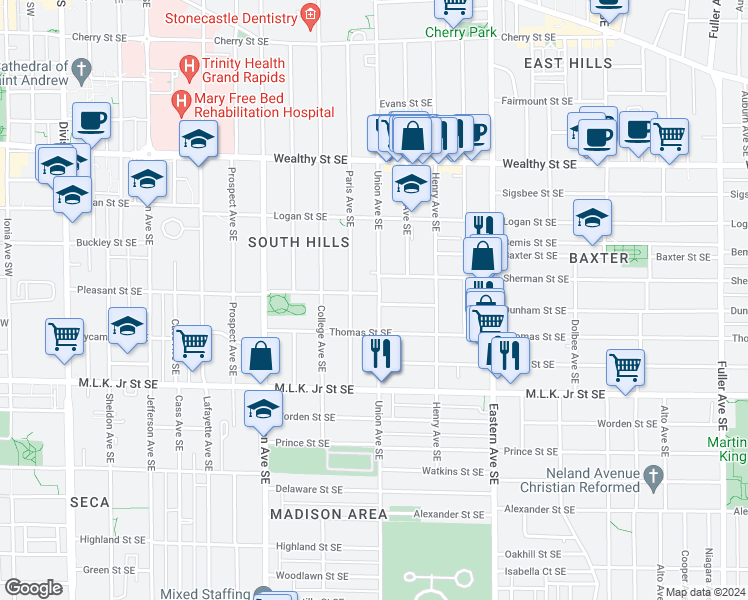 map of restaurants, bars, coffee shops, grocery stores, and more near 639 Union Avenue Southeast in Grand Rapids