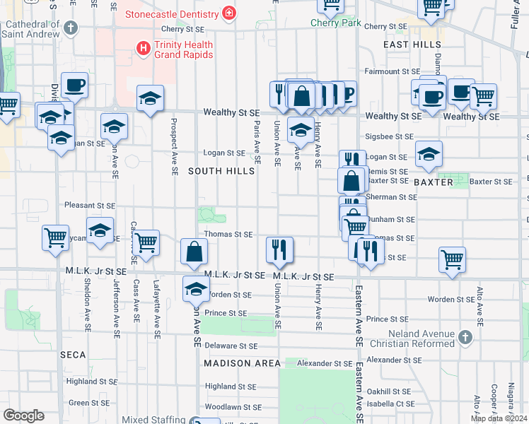 map of restaurants, bars, coffee shops, grocery stores, and more near 639 Union Avenue Southeast in Grand Rapids