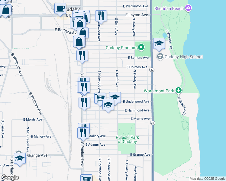 map of restaurants, bars, coffee shops, grocery stores, and more near 3779 East Pulaski Avenue in Cudahy