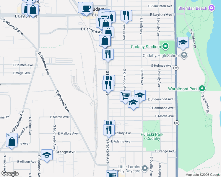 map of restaurants, bars, coffee shops, grocery stores, and more near 3608 East Pulaski Avenue in Cudahy