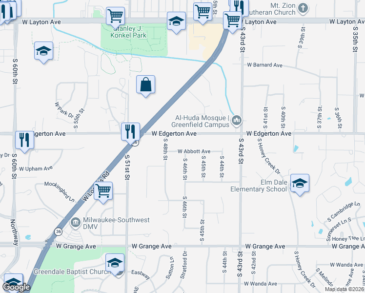 map of restaurants, bars, coffee shops, grocery stores, and more near 4552 West Abbott Avenue in Greenfield