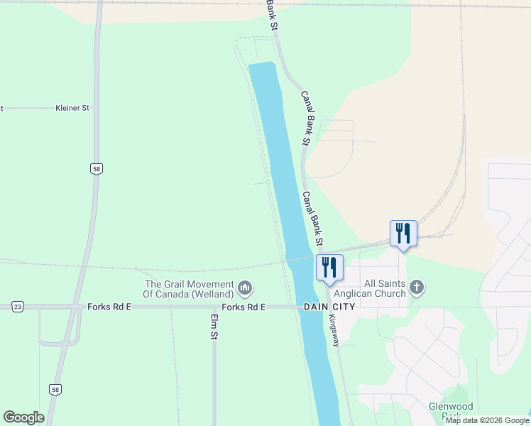 map of restaurants, bars, coffee shops, grocery stores, and more near 106 Colborne Street in Welland