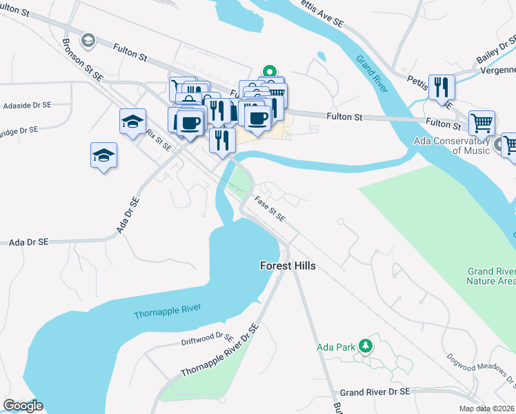 map of restaurants, bars, coffee shops, grocery stores, and more near 7510 Thornapple River Drive Southeast in Ada