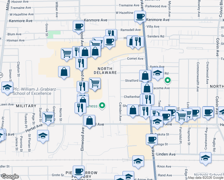 map of restaurants, bars, coffee shops, grocery stores, and more near 119 Botsford Place in Buffalo
