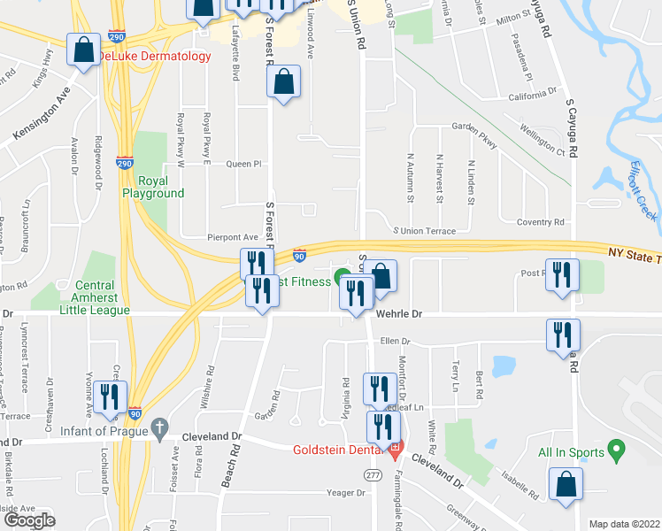 map of restaurants, bars, coffee shops, grocery stores, and more near 116 Churchcroft Lane in Buffalo