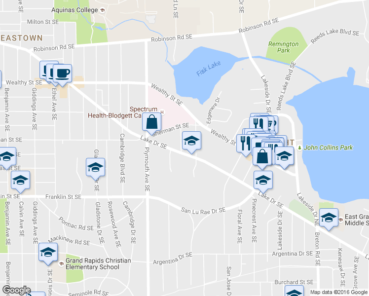 map of restaurants, bars, coffee shops, grocery stores, and more near 1925 Lake Drive Southeast in Grand Rapids