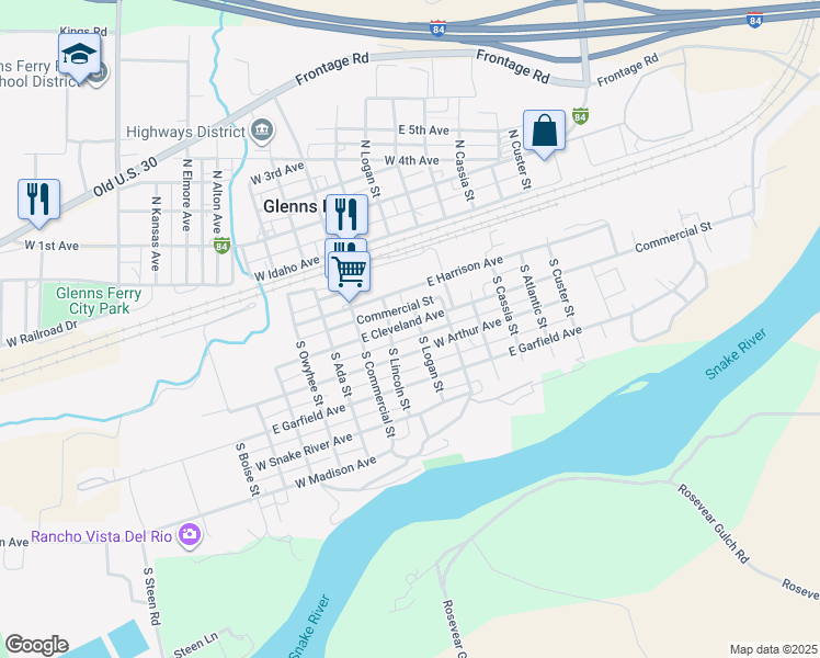 map of restaurants, bars, coffee shops, grocery stores, and more near 211 East Cleveland Avenue in Glenns Ferry