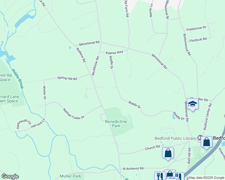 map of restaurants, bars, coffee shops, grocery stores, and more near 60 Riddle Drive in Bedford