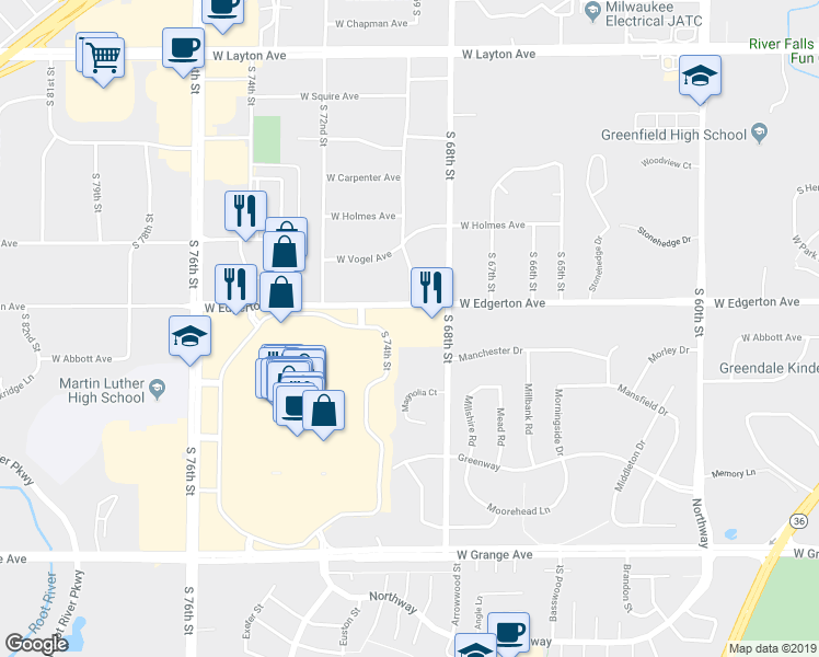 map of restaurants, bars, coffee shops, grocery stores, and more near 6901 West Edgerton Avenue in Greenfield