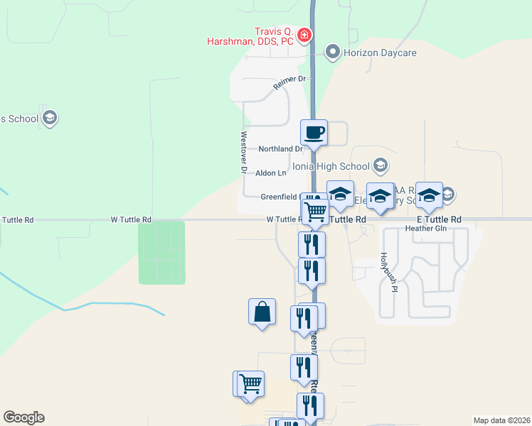 map of restaurants, bars, coffee shops, grocery stores, and more near 131 West Tuttle Road in Ionia