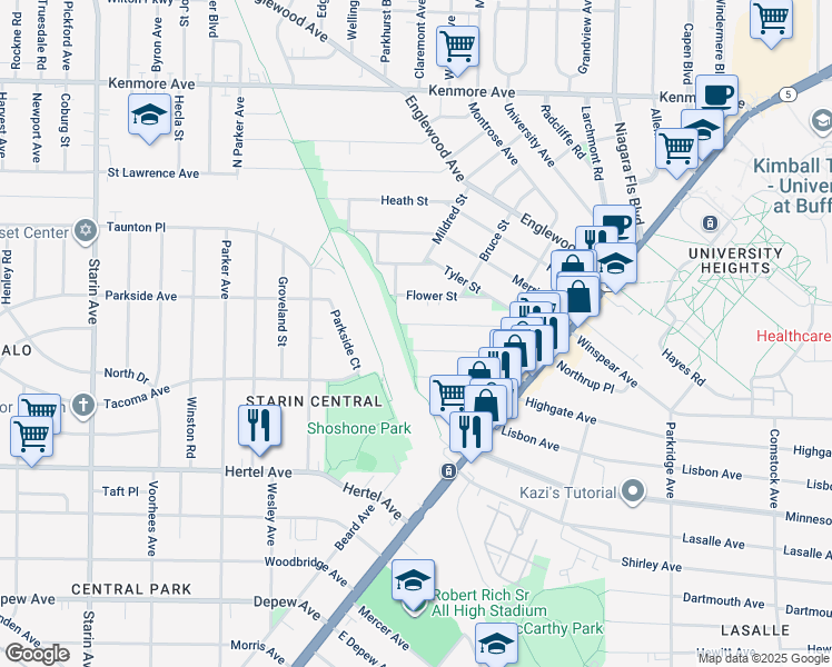 map of restaurants, bars, coffee shops, grocery stores, and more near 119 West Northrup Place in Buffalo