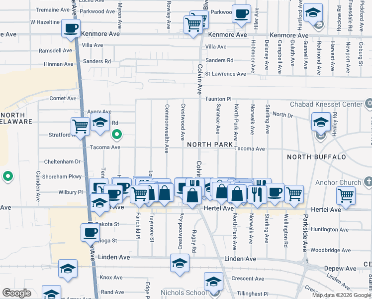 map of restaurants, bars, coffee shops, grocery stores, and more near 370 Colvin Avenue in Buffalo