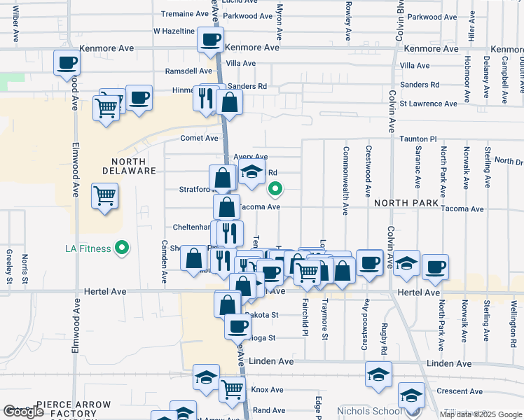 map of restaurants, bars, coffee shops, grocery stores, and more near 111 Tennyson Avenue in Buffalo