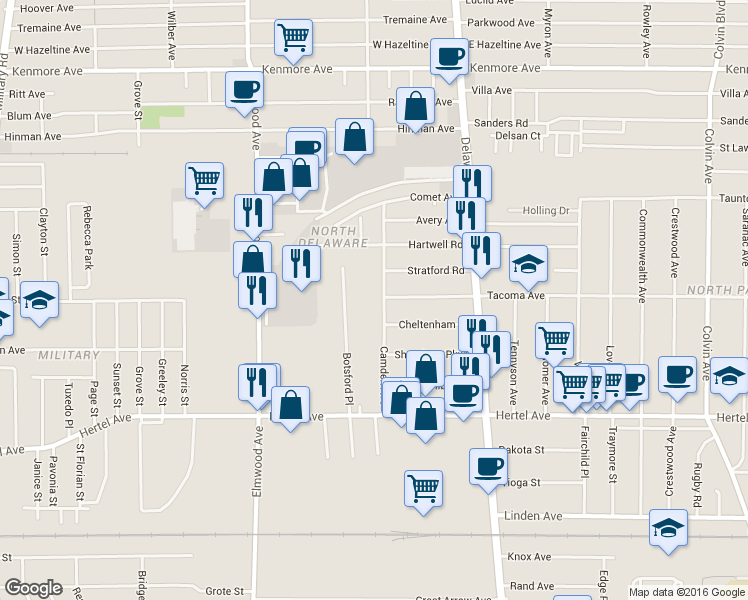 map of restaurants, bars, coffee shops, grocery stores, and more near 116 Camden Avenue in Buffalo