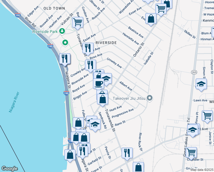 map of restaurants, bars, coffee shops, grocery stores, and more near 226 Ontario Street in Buffalo