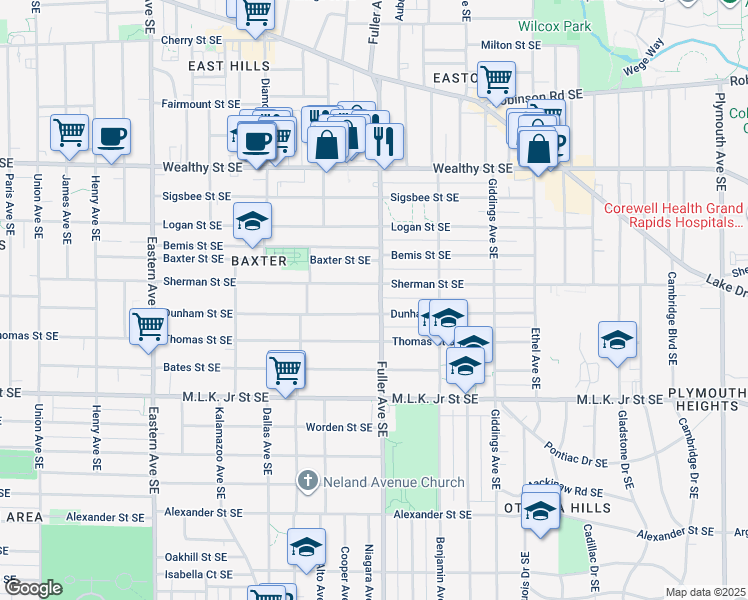 map of restaurants, bars, coffee shops, grocery stores, and more near 627 Fuller Avenue Southeast in Grand Rapids
