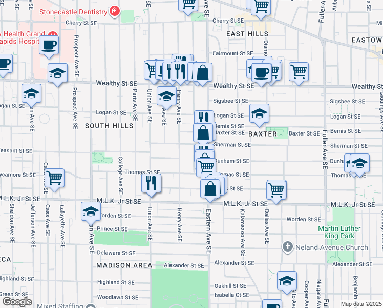 map of restaurants, bars, coffee shops, grocery stores, and more near 634 Charles Avenue Southeast in Grand Rapids