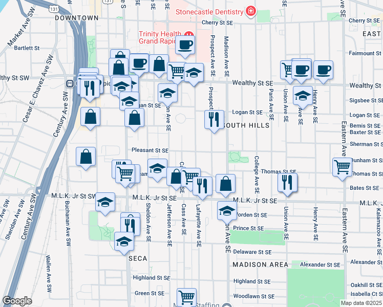 map of restaurants, bars, coffee shops, grocery stores, and more near 619 Lafayette Avenue Southeast in Grand Rapids