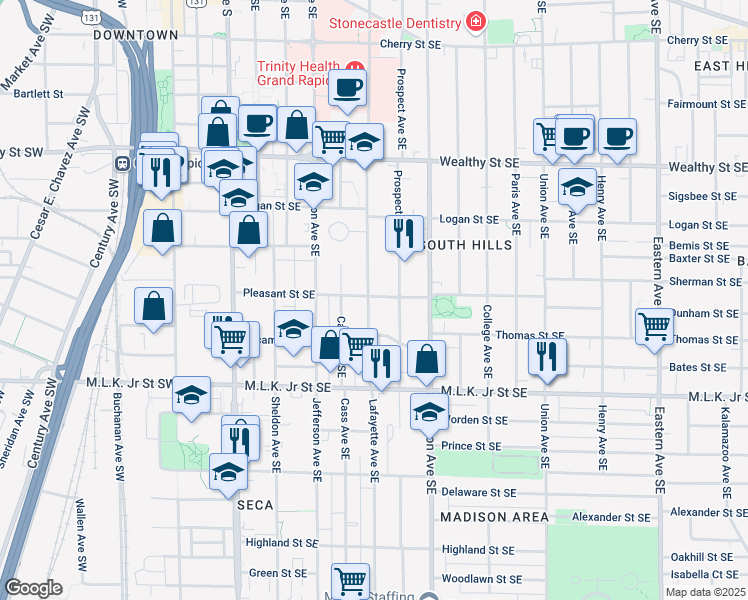 map of restaurants, bars, coffee shops, grocery stores, and more near 300 Pleasant Street Southeast in Grand Rapids