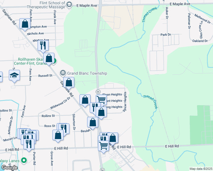 map of restaurants, bars, coffee shops, grocery stores, and more near 3033 Kettering Heights in Flint