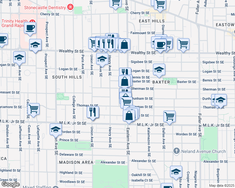map of restaurants, bars, coffee shops, grocery stores, and more near 634 Charles Avenue Southeast in Grand Rapids
