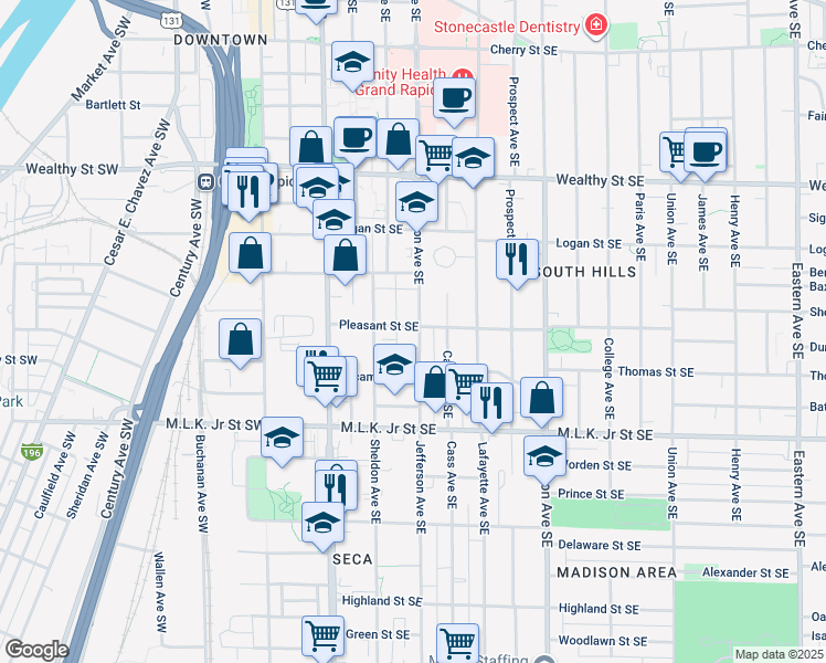 map of restaurants, bars, coffee shops, grocery stores, and more near 601 Jefferson Avenue Southeast in Grand Rapids