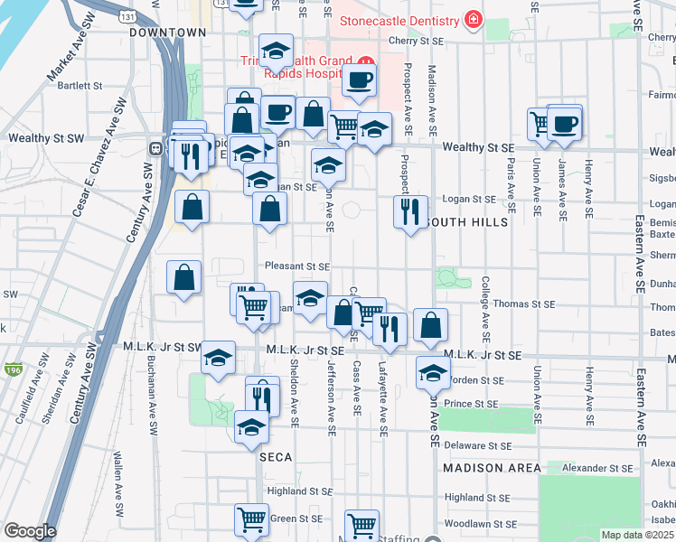 map of restaurants, bars, coffee shops, grocery stores, and more near 618 Jefferson Avenue Southeast in Grand Rapids